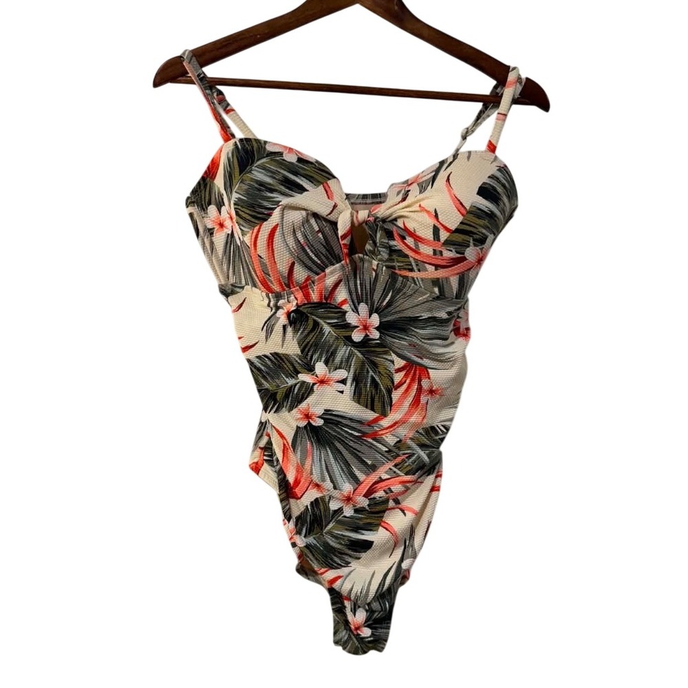 Kona Sol One Piece Swimsuit Womens XL‎ Cream Tropical Floral Excellent High Cut